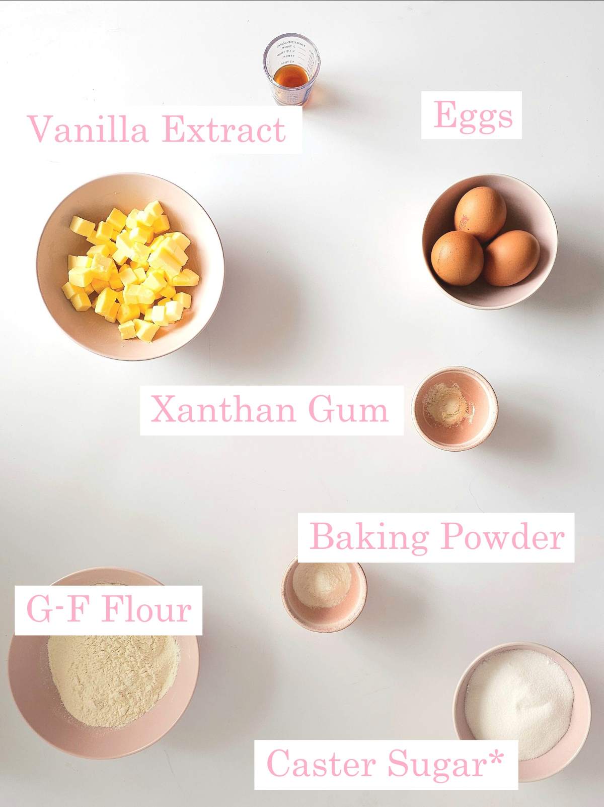Overhead image of labelled bowls of ingredients for Victoria Sandwich cake.