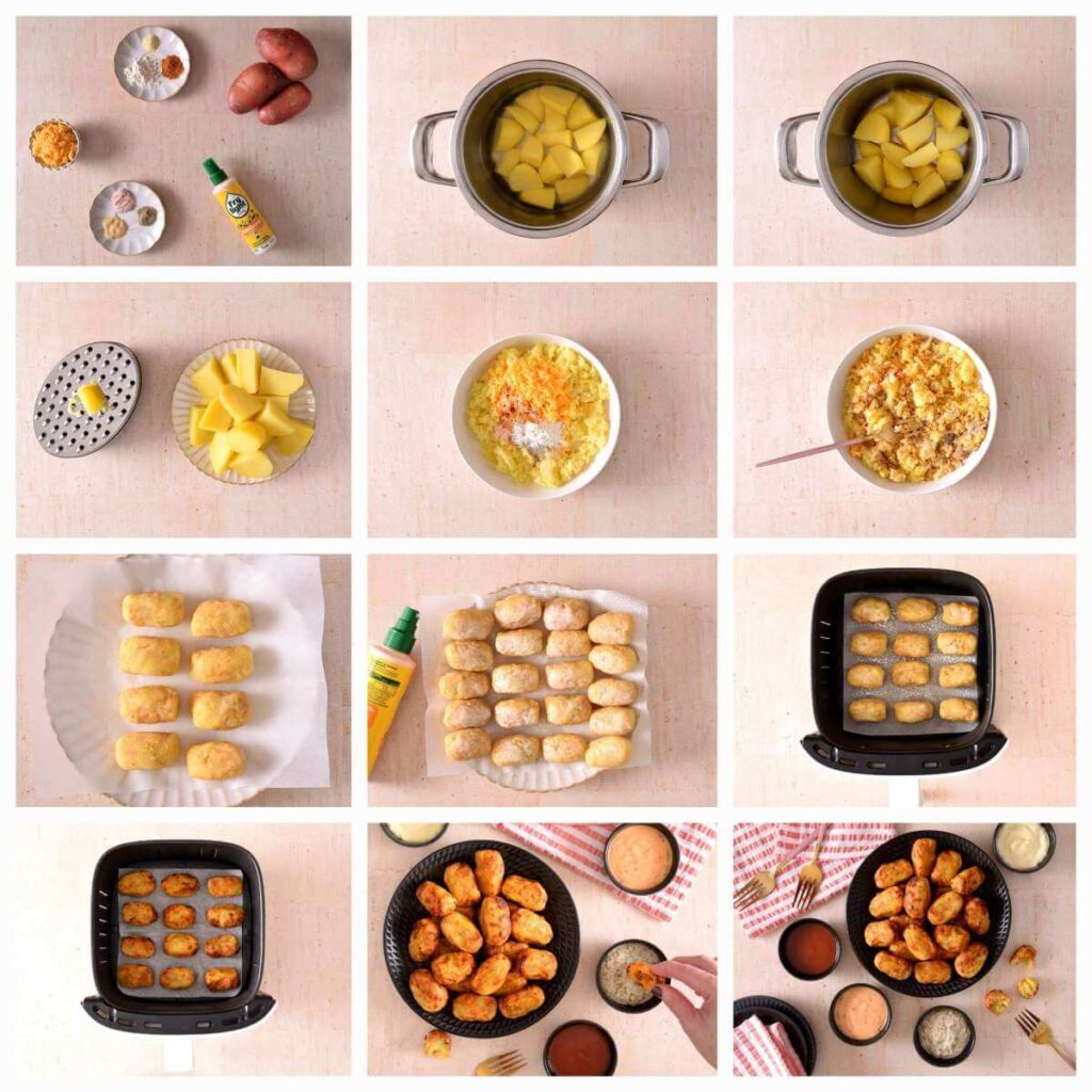 12 image collage of process for making tetr tots and final images.