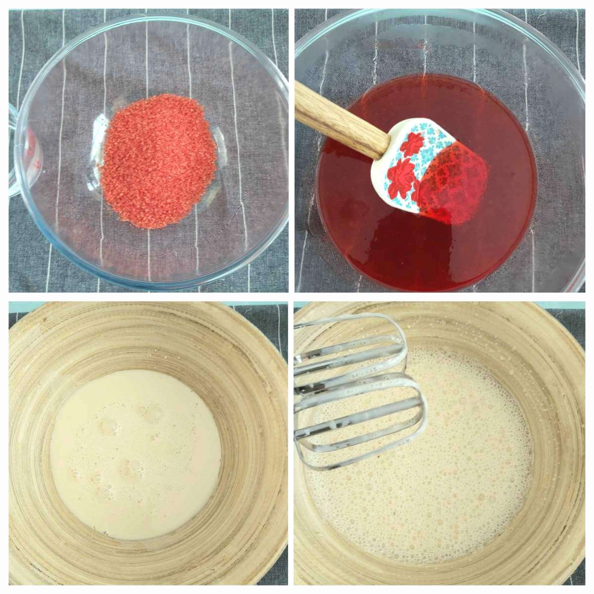 4 image collage with mixing jelly & whipping evaporated milk.