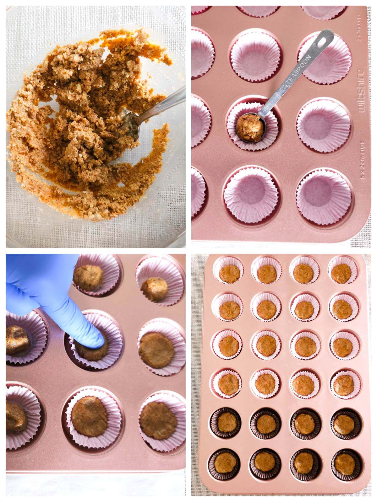 4 image collage of making gluten-free base layer for mini anti-cortesol cups.