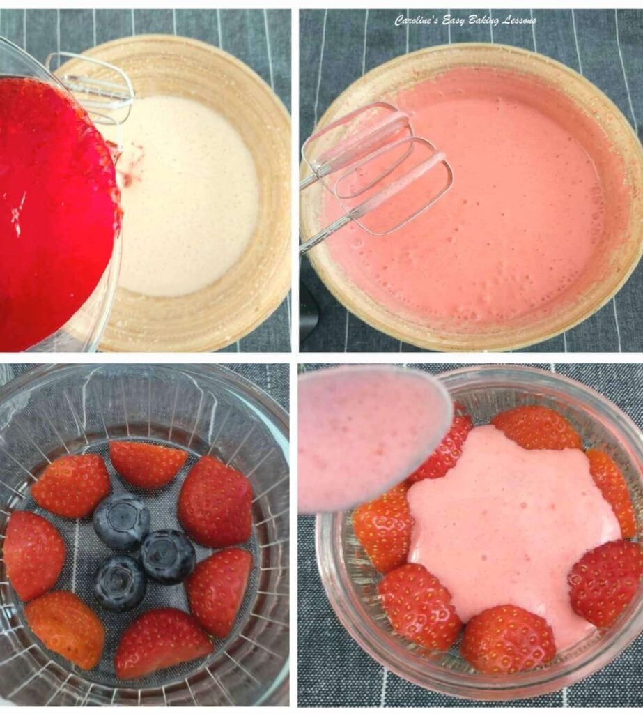 4 image collage of adding jelly mixture to whipped evaporated milk, and adding to small ramekins with berries.