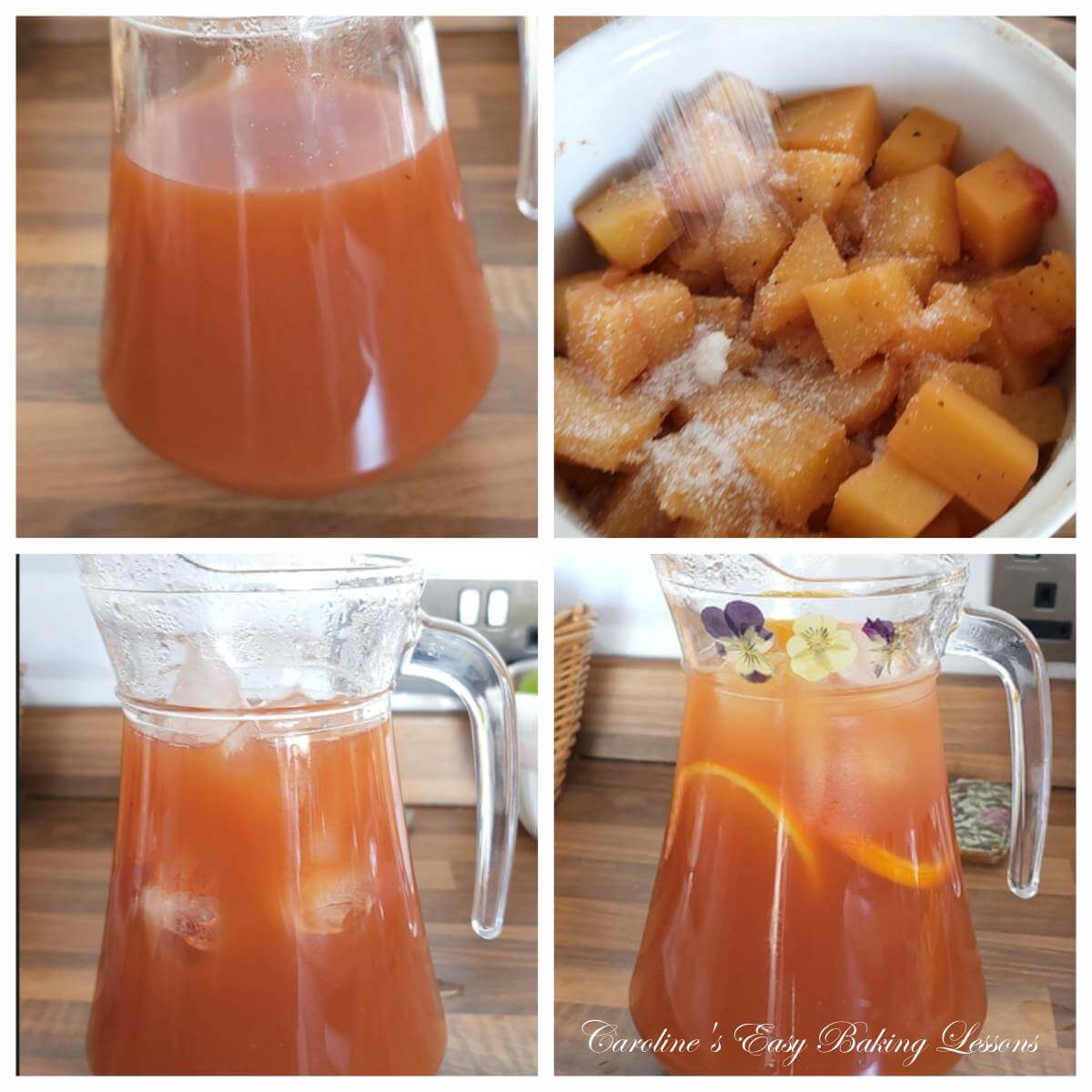 $ image collage of preparing iced pineapple peach tea for serving.