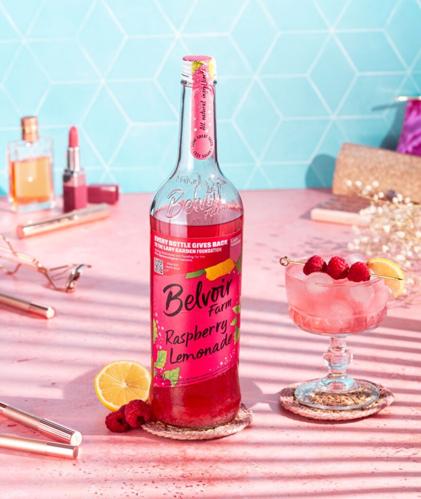Bright image on blue tile and pink backdrps, makeup accessories and a bottle and glass of Belvoir Farms raspberry lemonade.